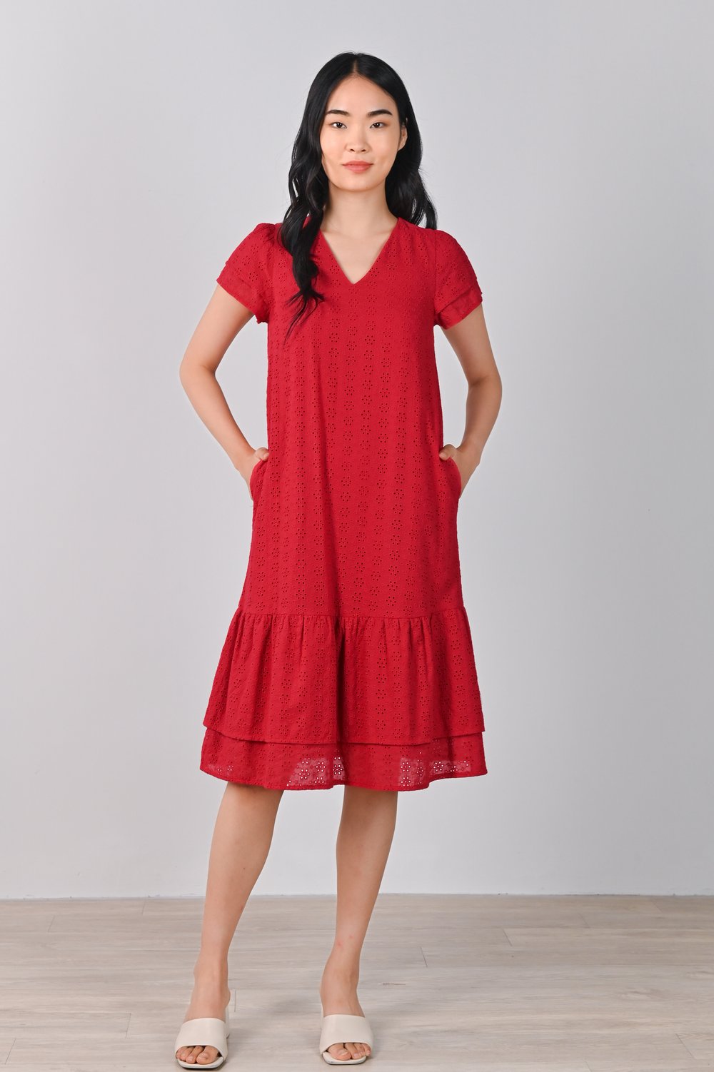 SYBIL EYELET SLEEVED MIDI DRESS IN RED SYBIL EYELET SLEEVED MIDI DRESS IN RED