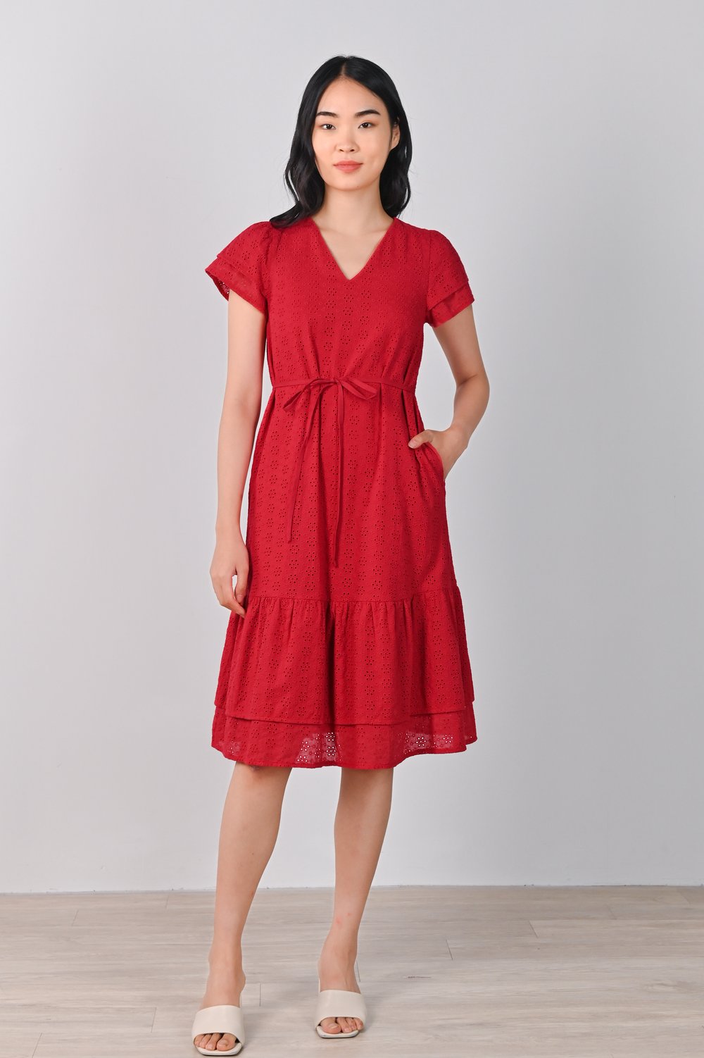 SYBIL EYELET SLEEVED MIDI DRESS IN RED SYBIL EYELET SLEEVED MIDI DRESS IN RED