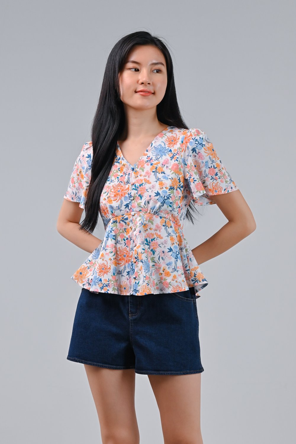 FLORAL FIREWORKS SLEEVED PEPLUM TOP