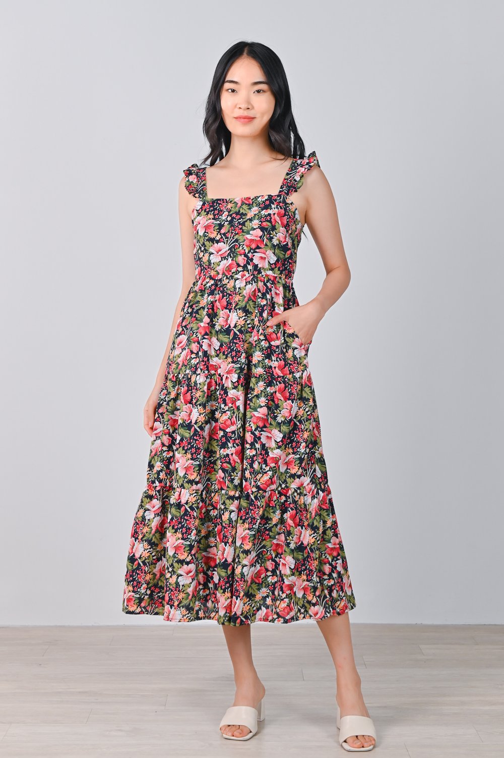 RYA FLORAL FRILL-STRAP TIERED DRESS IN NAVY