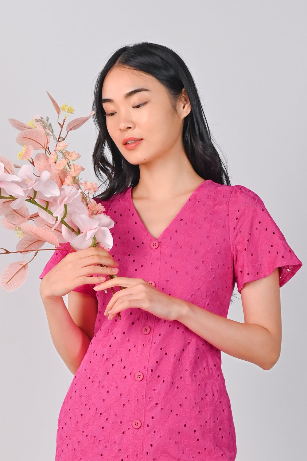 SEQUOIA EYELET BUTTON DRESS IN PINK SEQUOIA EYELET BUTTON DRESS IN PINK