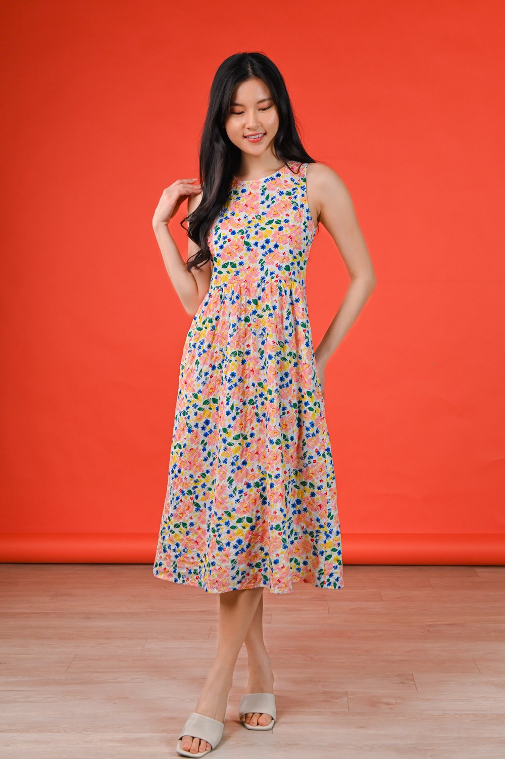 FABLE VIBRANT FLORAL EYELET SLEEVELESS DRESS