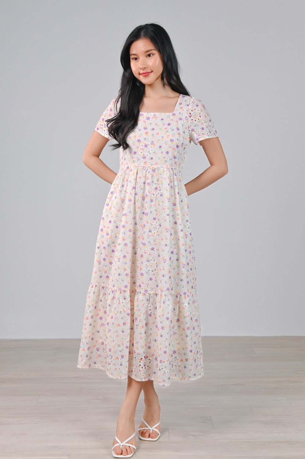 GUNNOR EYELET FLORAL SQUARE-NECK MIDAXI DRESS GUNNOR EYELET FLORAL SQUARE-NECK MIDAXI DRESS