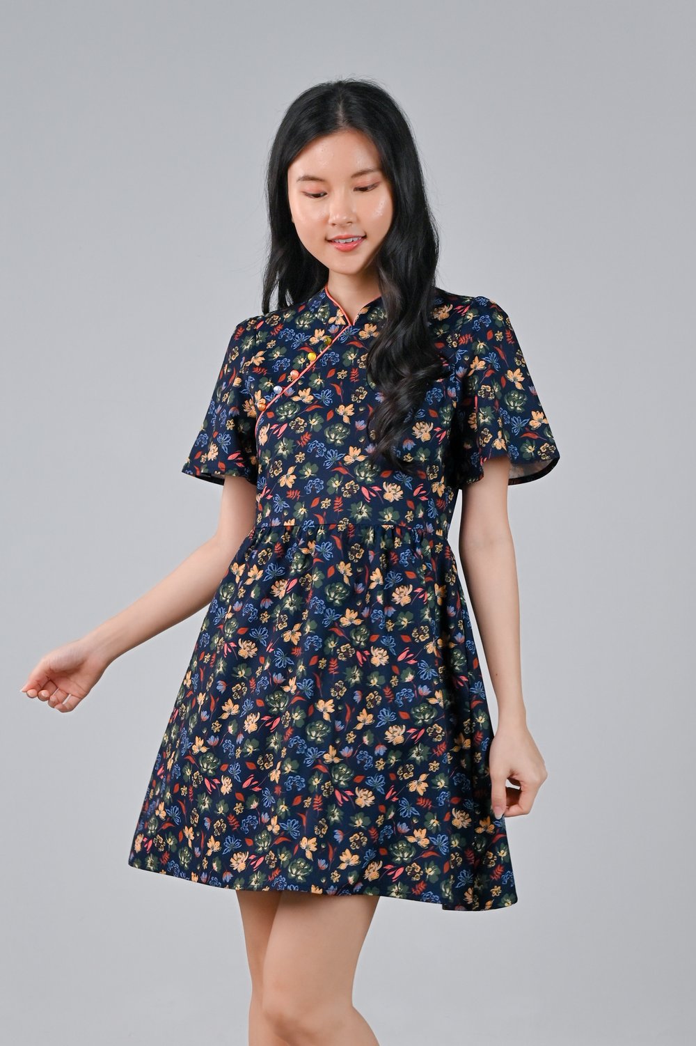 NAVY CRAYON FLORALS CHEONGSAM DRESS-ROMPER NAVY CRAYON FLORALS CHEONGSAM DRESS-ROMPER