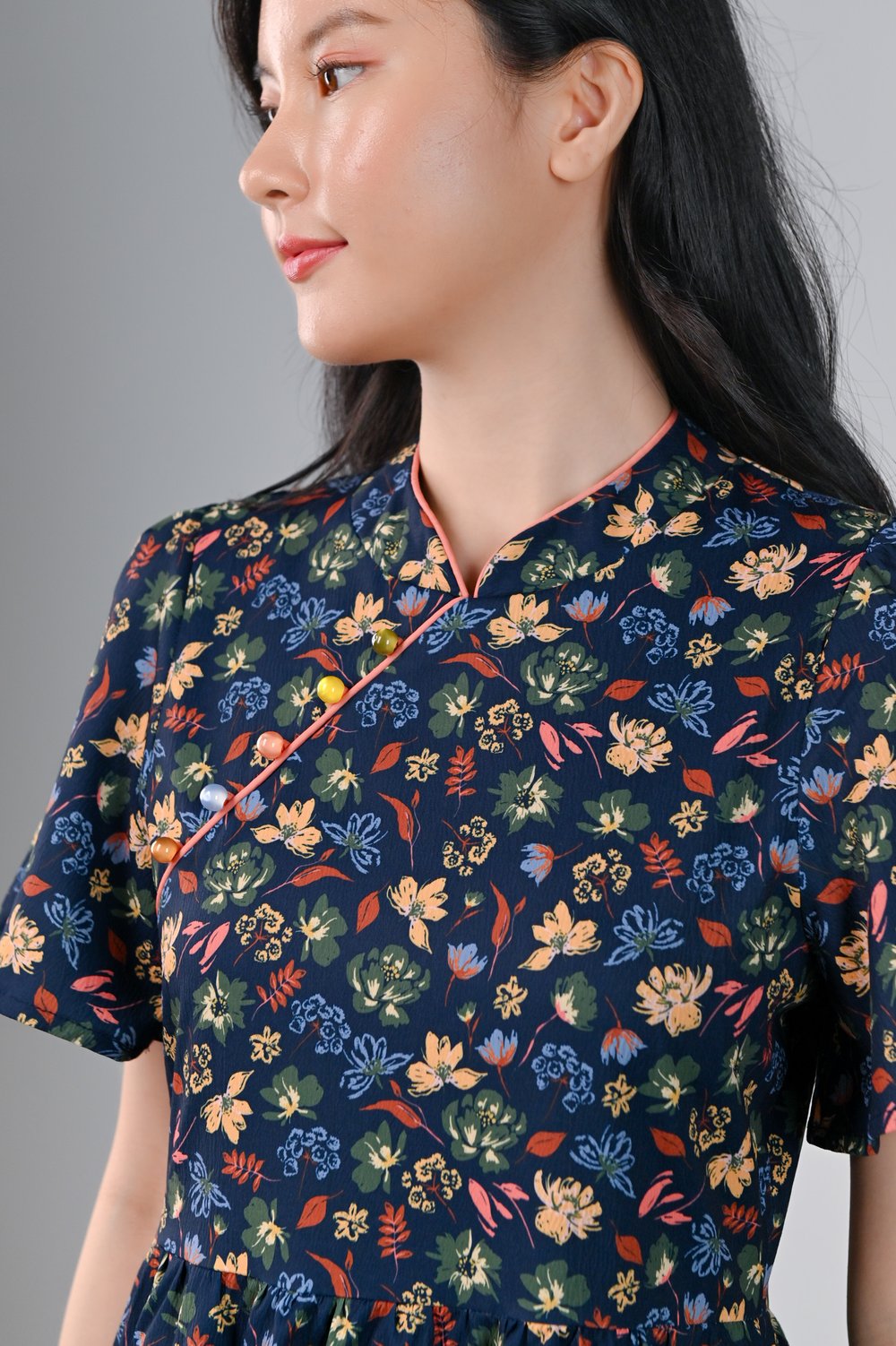 NAVY CRAYON FLORALS CHEONGSAM DRESS-ROMPER NAVY CRAYON FLORALS CHEONGSAM DRESS-ROMPER