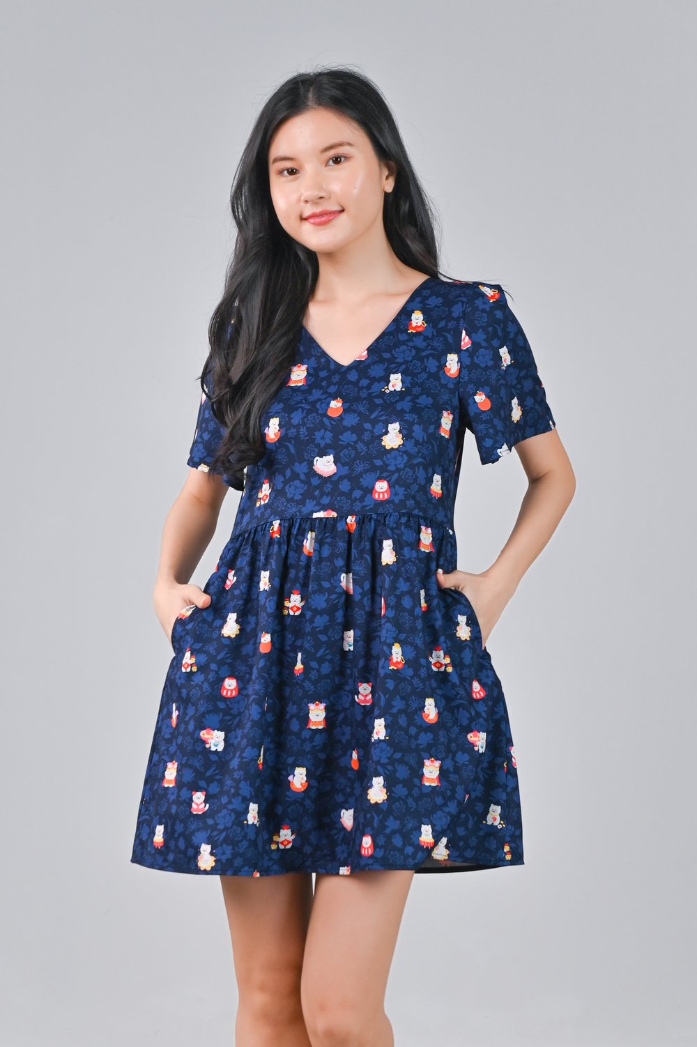 FORTUNE FLORAL CAT NAVY V-NECK DRESS-ROMPER FORTUNE FLORAL CAT NAVY V-NECK DRESS-ROMPER