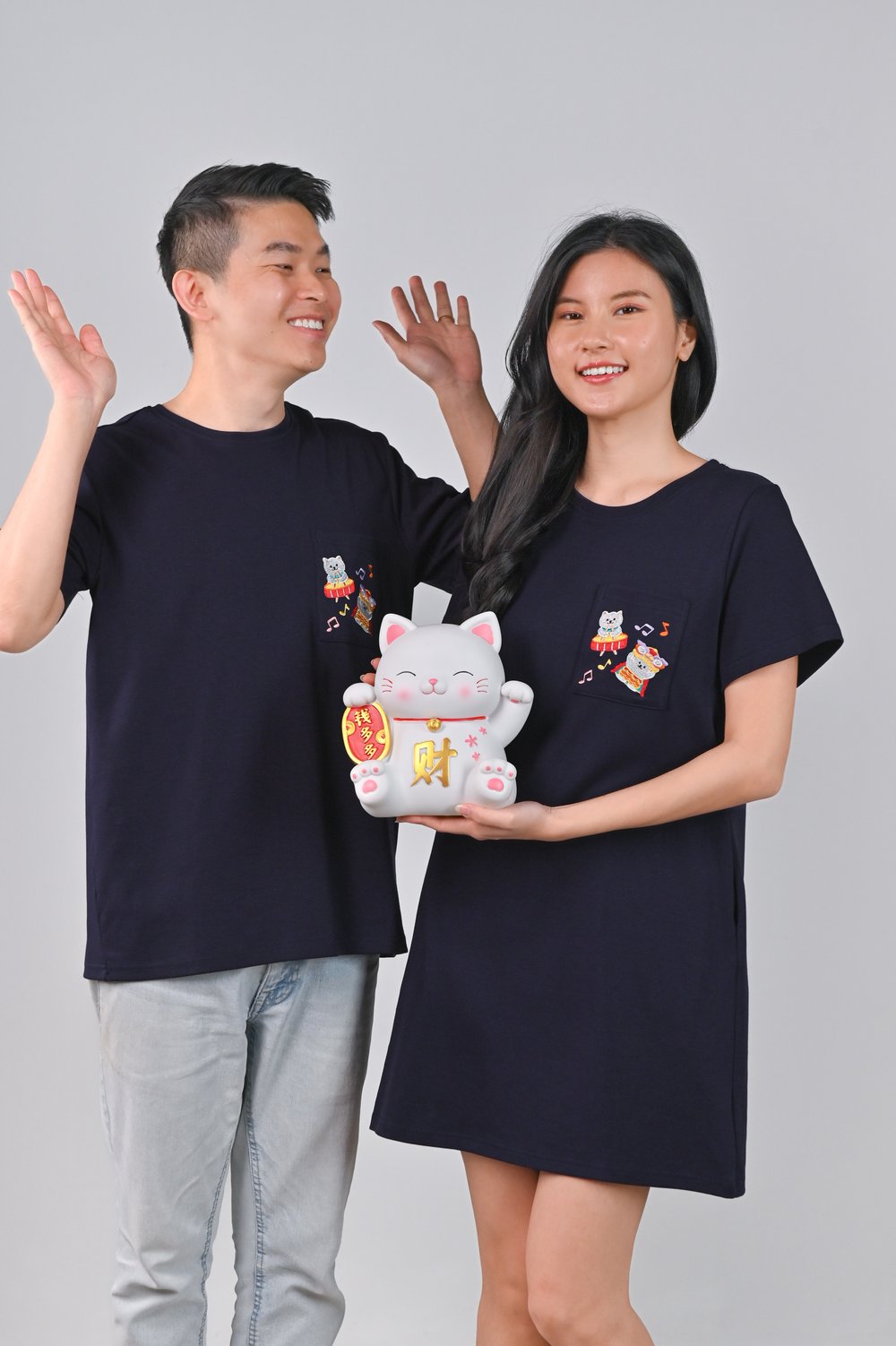 FESTIVE FORTUNE CAT NAVY EMB. TEE DRESS FESTIVE FORTUNE CAT NAVY EMB. TEE DRESS