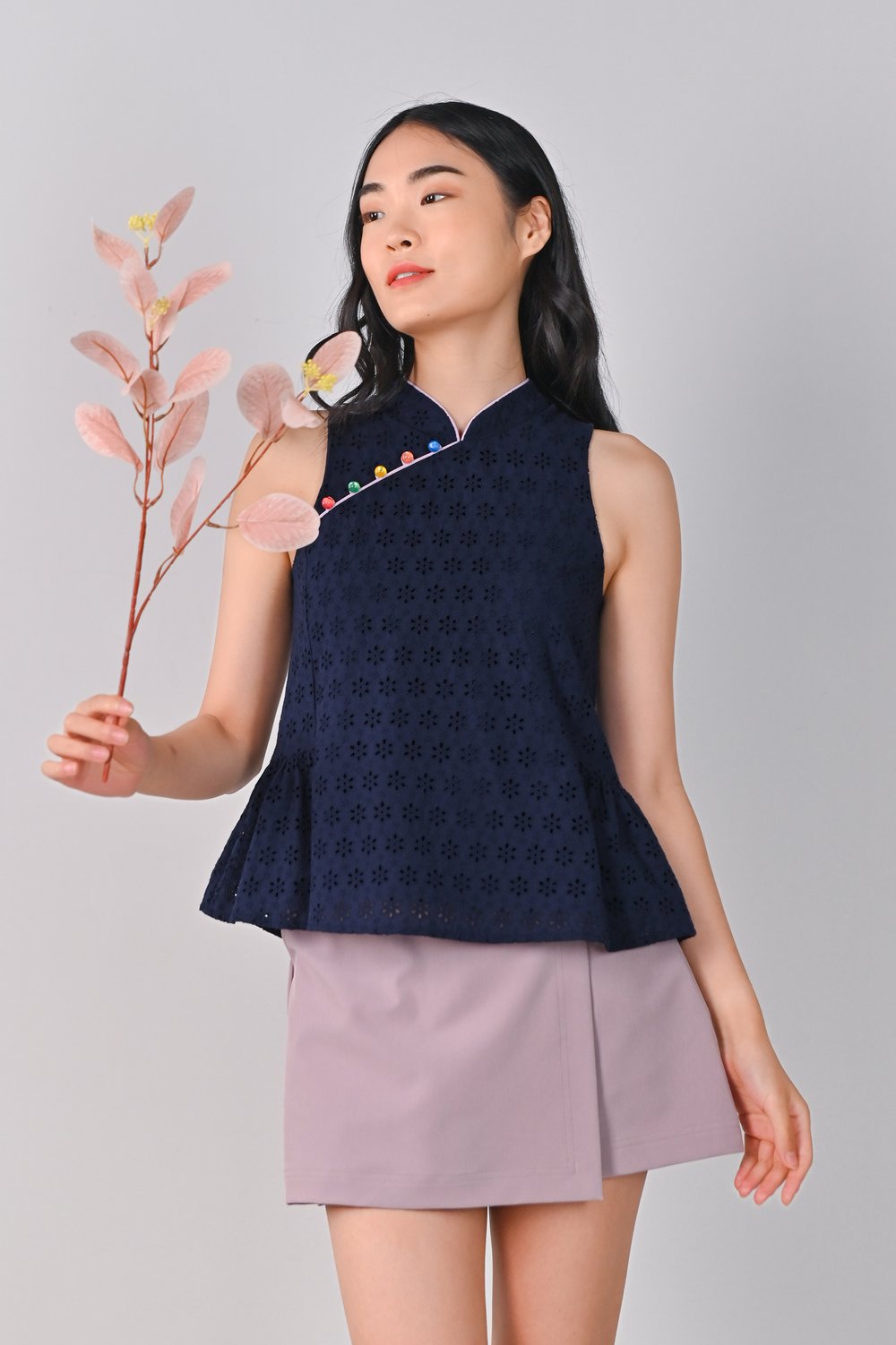 CHOON EYELET FLARE CHEONGSAM TOP IN NAVY