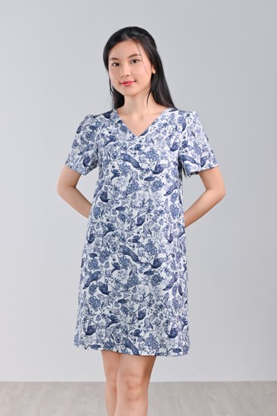 NAVY FEATHERED TALES SLEEVED SHIFT DRESS