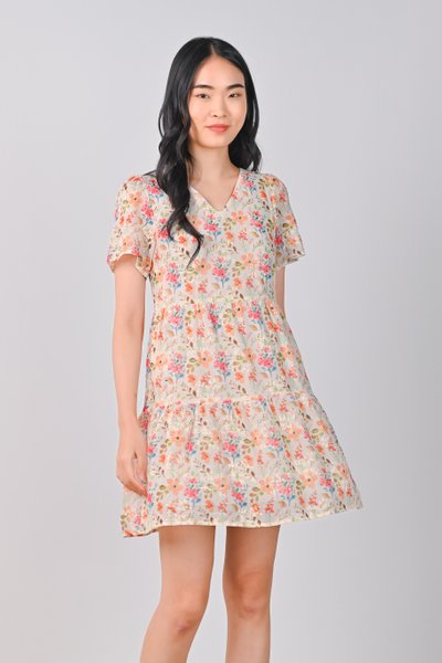 ELISA ORANGE FLORAL V-NECK BABYDOLL DRESS