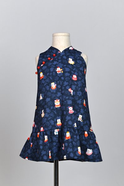 FORTUNE FLORAL CAT NAVY KIDS’ CHEONGSAM DRESS