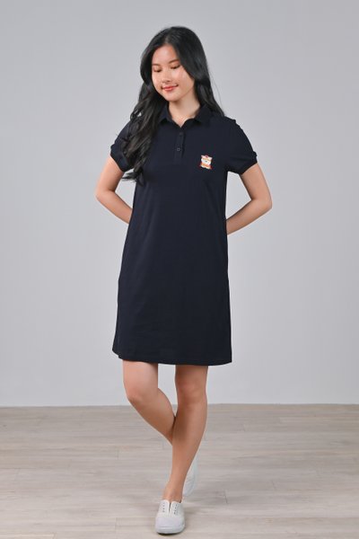 FESTIVE FORTUNE CAT NAVY EMB. POLO DRESS