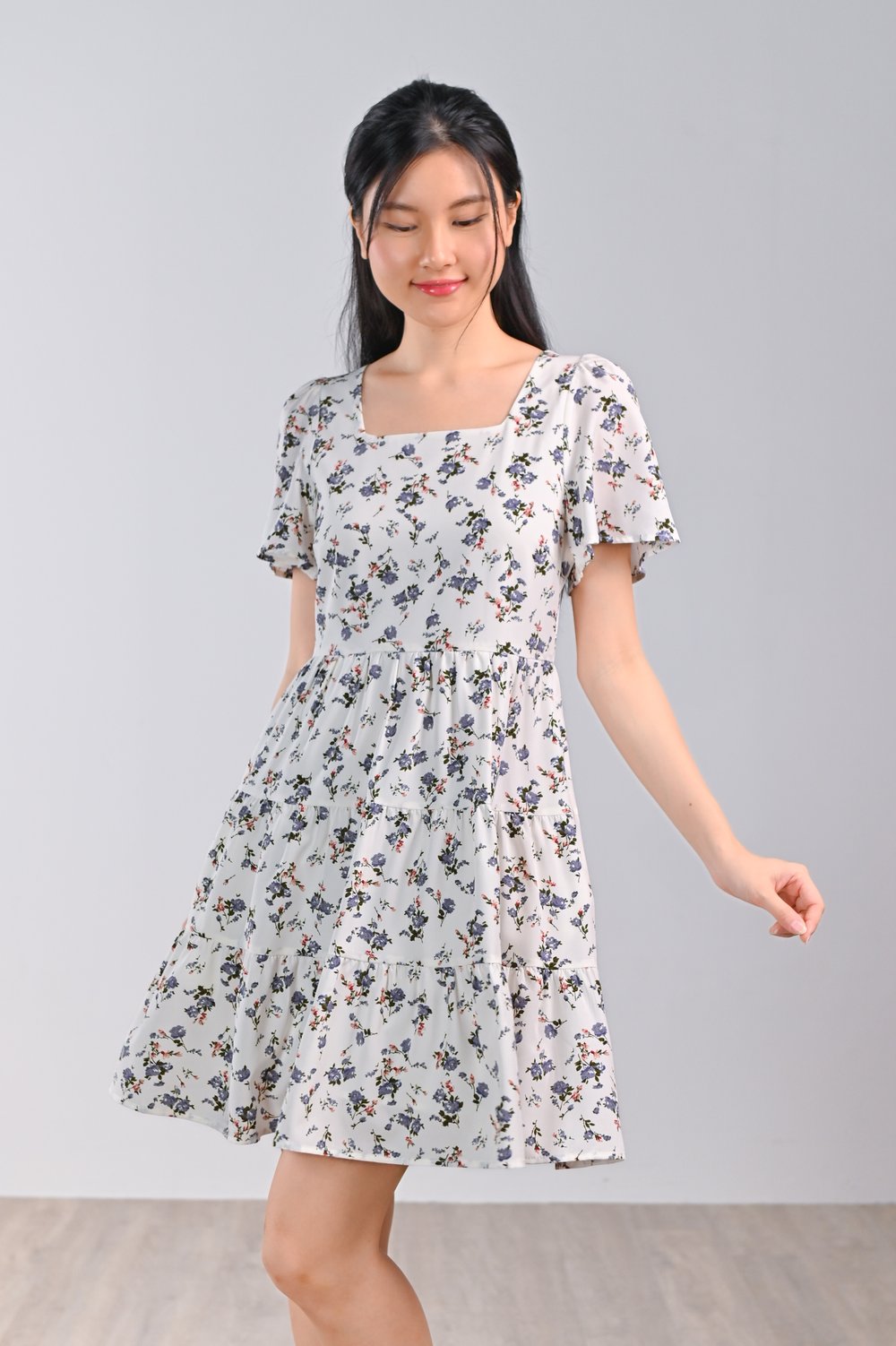 AURELLA LILAC FLORAL SQUARE-NECK TIERED DRESS