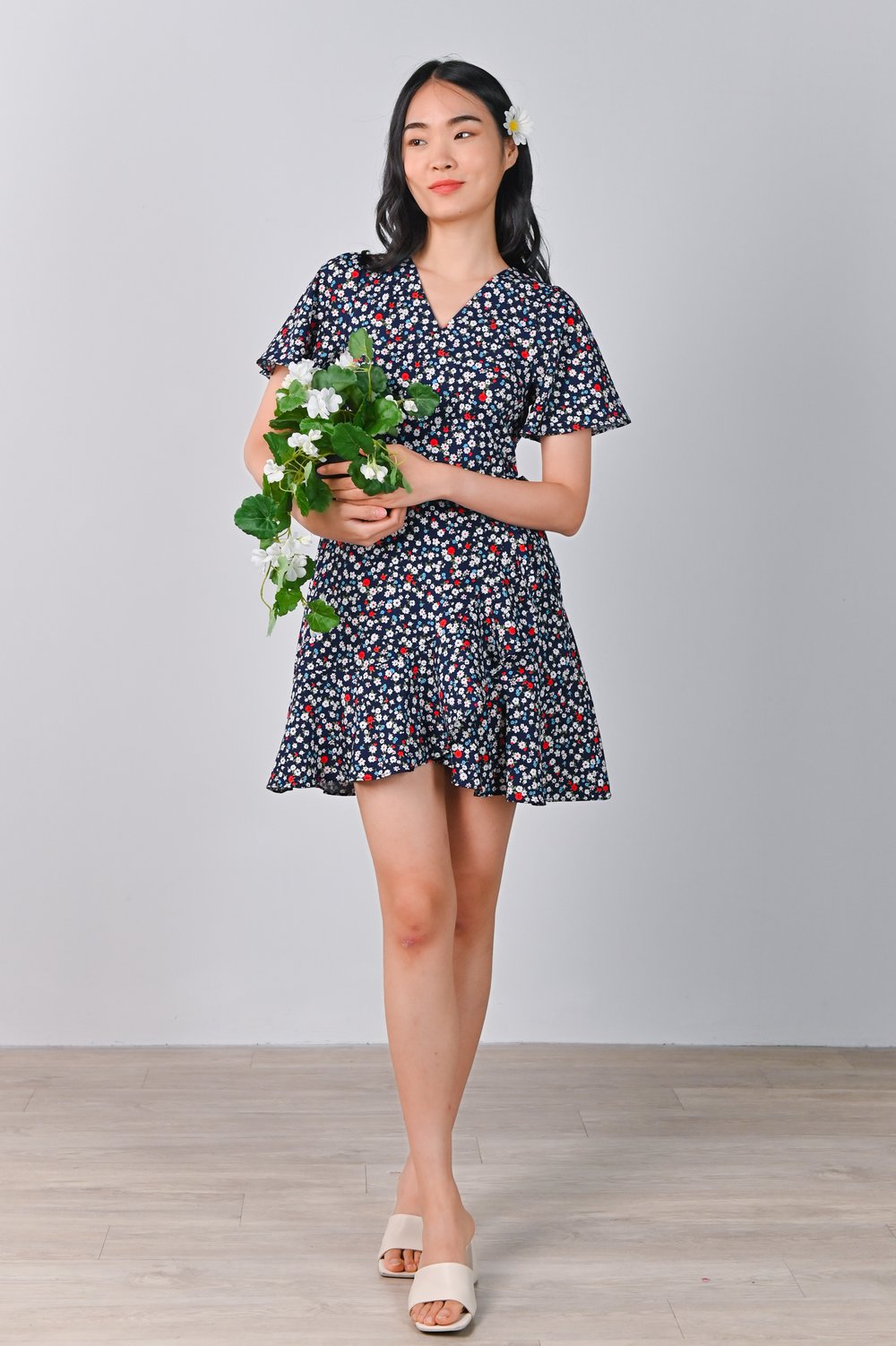 COOPER RUFFLE DRESS-ROMPER IN BLUE FLORAL COOPER RUFFLE DRESS-ROMPER IN BLUE FLORAL