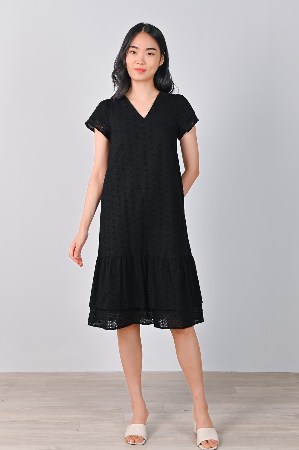 SYBIL EYELET SLEEVED MIDI DRESS IN BLACK
