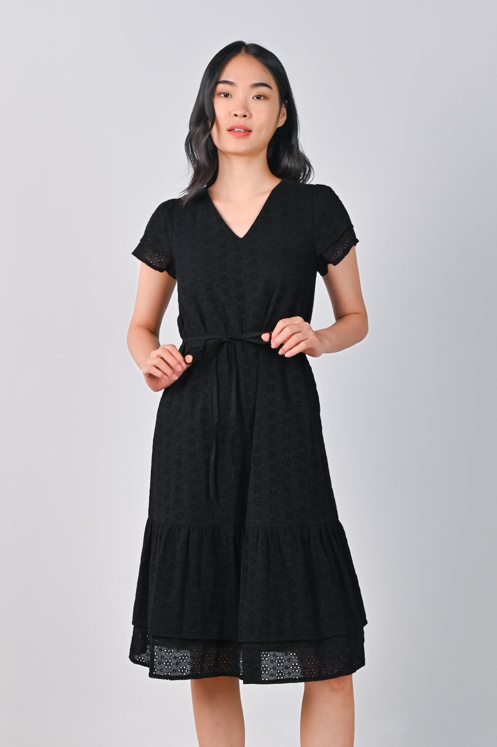SYBIL EYELET SLEEVED MIDI DRESS IN BLACK