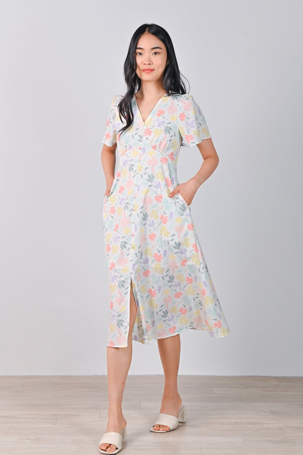 CITRUS LEAVES SLEEVED BUTTON DRESS CITRUS LEAVES SLEEVED BUTTON DRESS