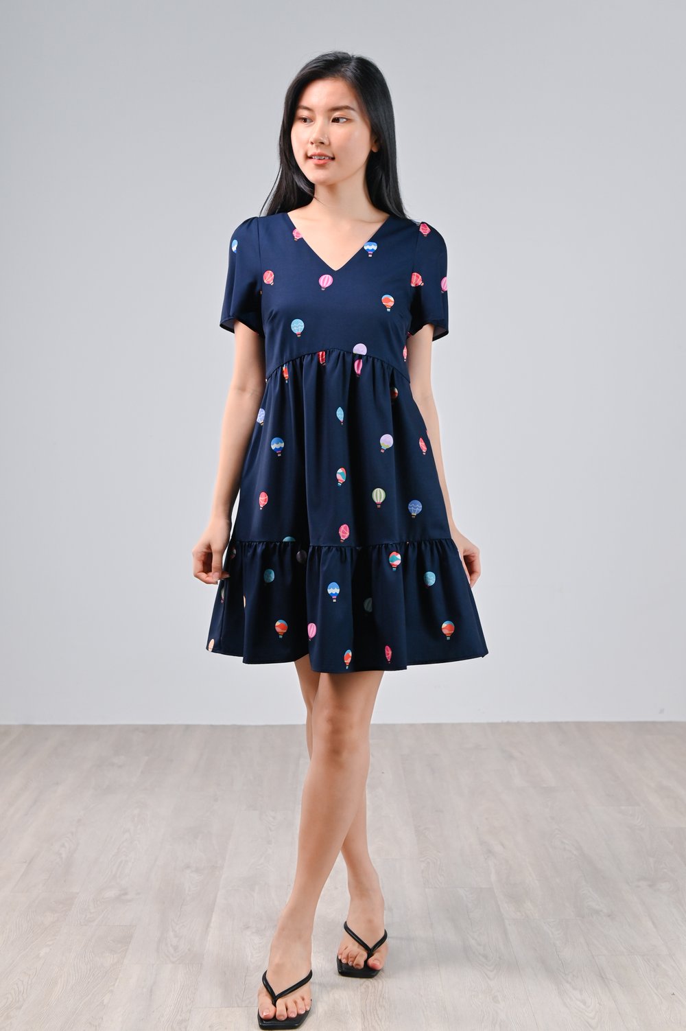 HOT AIR BALLOON NAVY CURVED-WAIST FLOUNCE DRESS