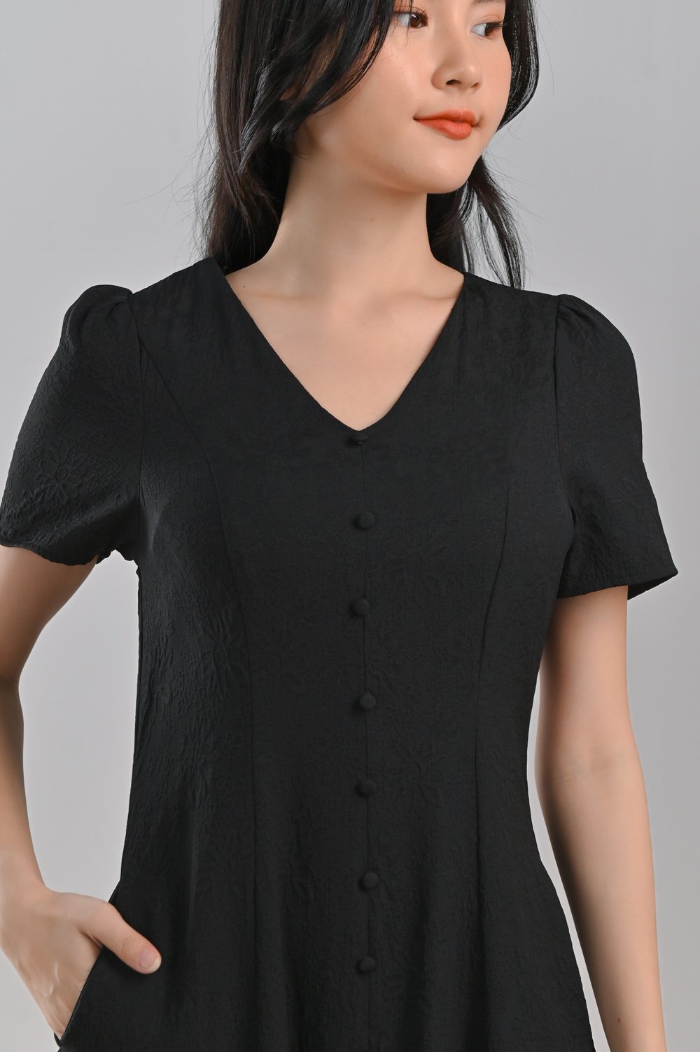 QIMY EMBOSSED BUTTON DRESS IN BLACK QIMY EMBOSSED BUTTON DRESS IN BLACK