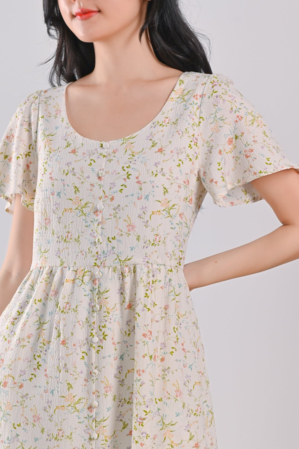 UMA CREAM FLORAL SCOOP-NECK DRESS