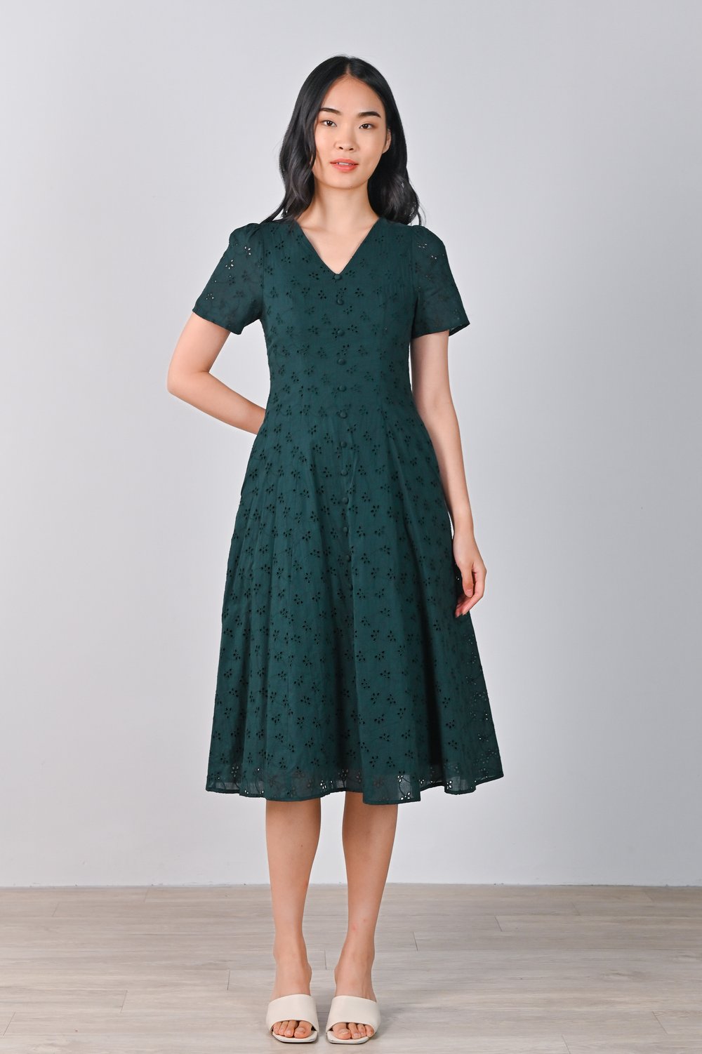 LUNARIA EYELET SLEEVED BUTTON DRESS IN FOREST