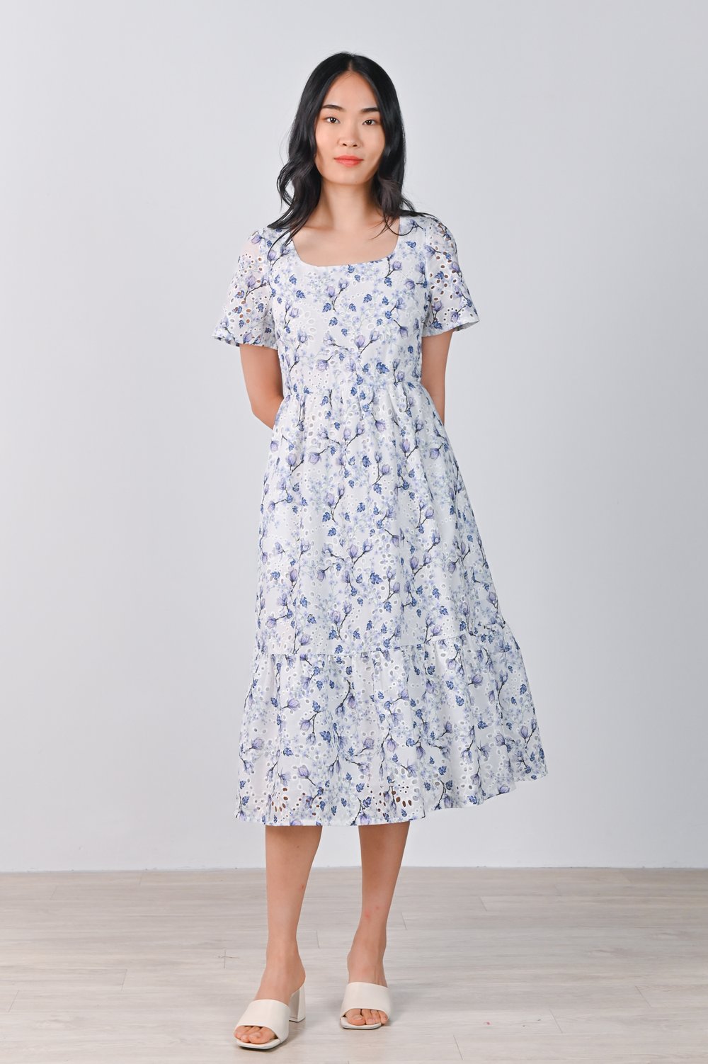 IMARAN FLORAL EYELET SLEEVED MIDI DRESS IMARAN FLORAL EYELET SLEEVED MIDI DRESS