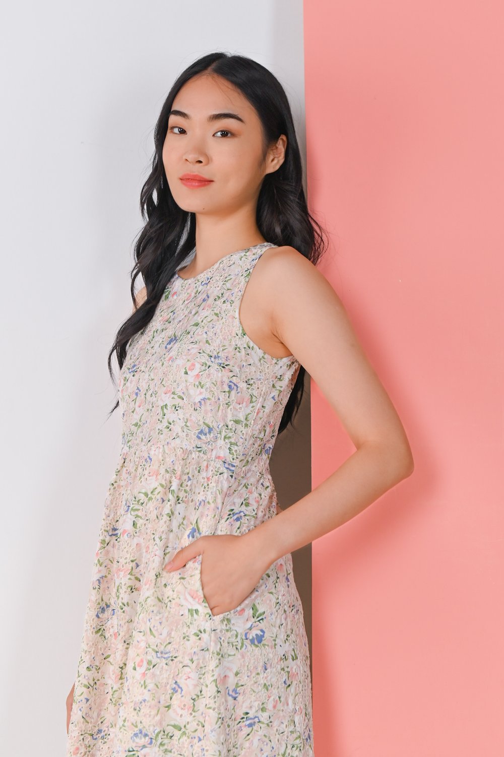 MAJA PINK FLORAL EYELET SLEEVELESS DRESS MAJA PINK FLORAL EYELET SLEEVELESS DRESS