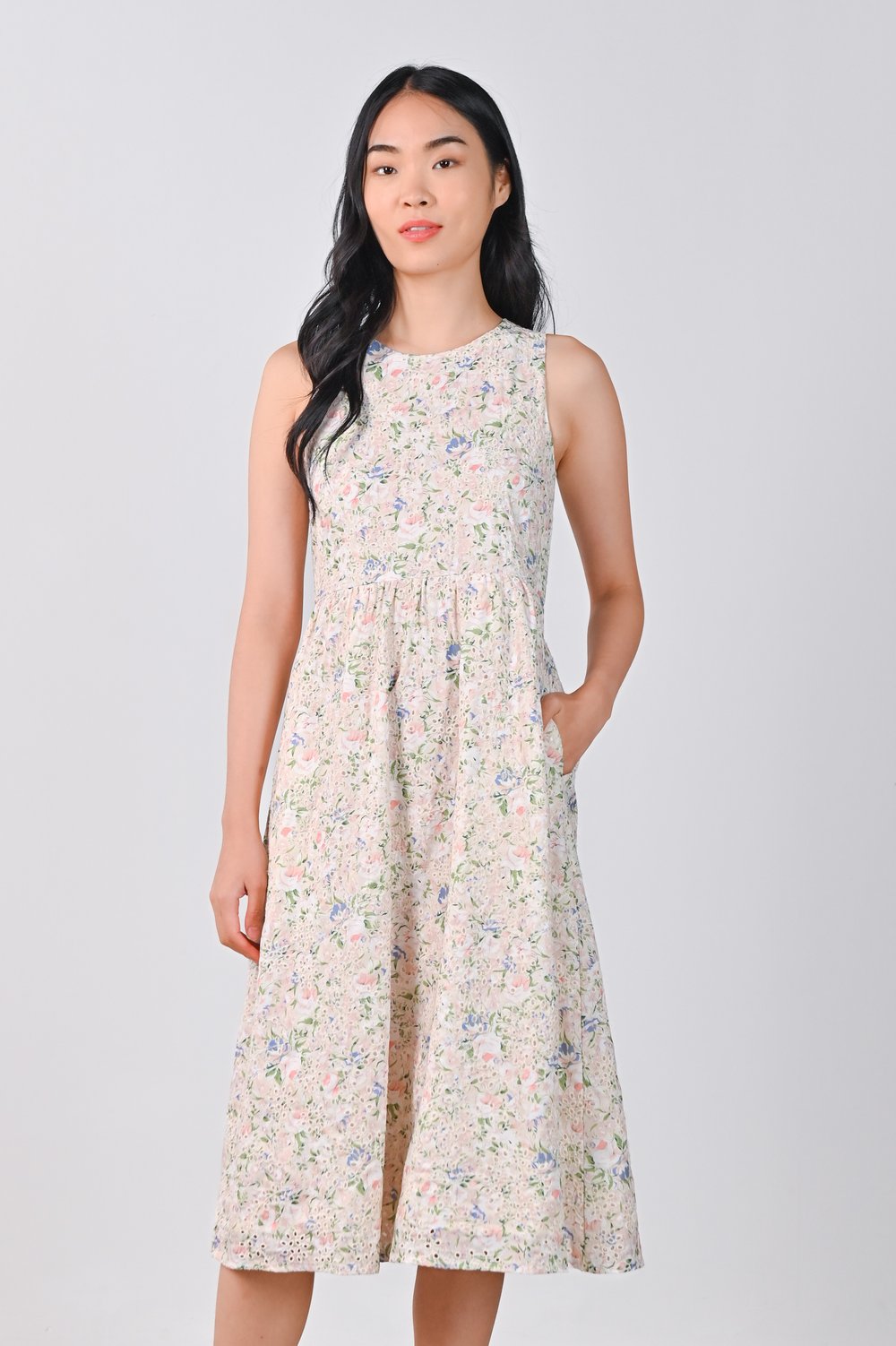 MAJA PINK FLORAL EYELET SLEEVELESS DRESS MAJA PINK FLORAL EYELET SLEEVELESS DRESS