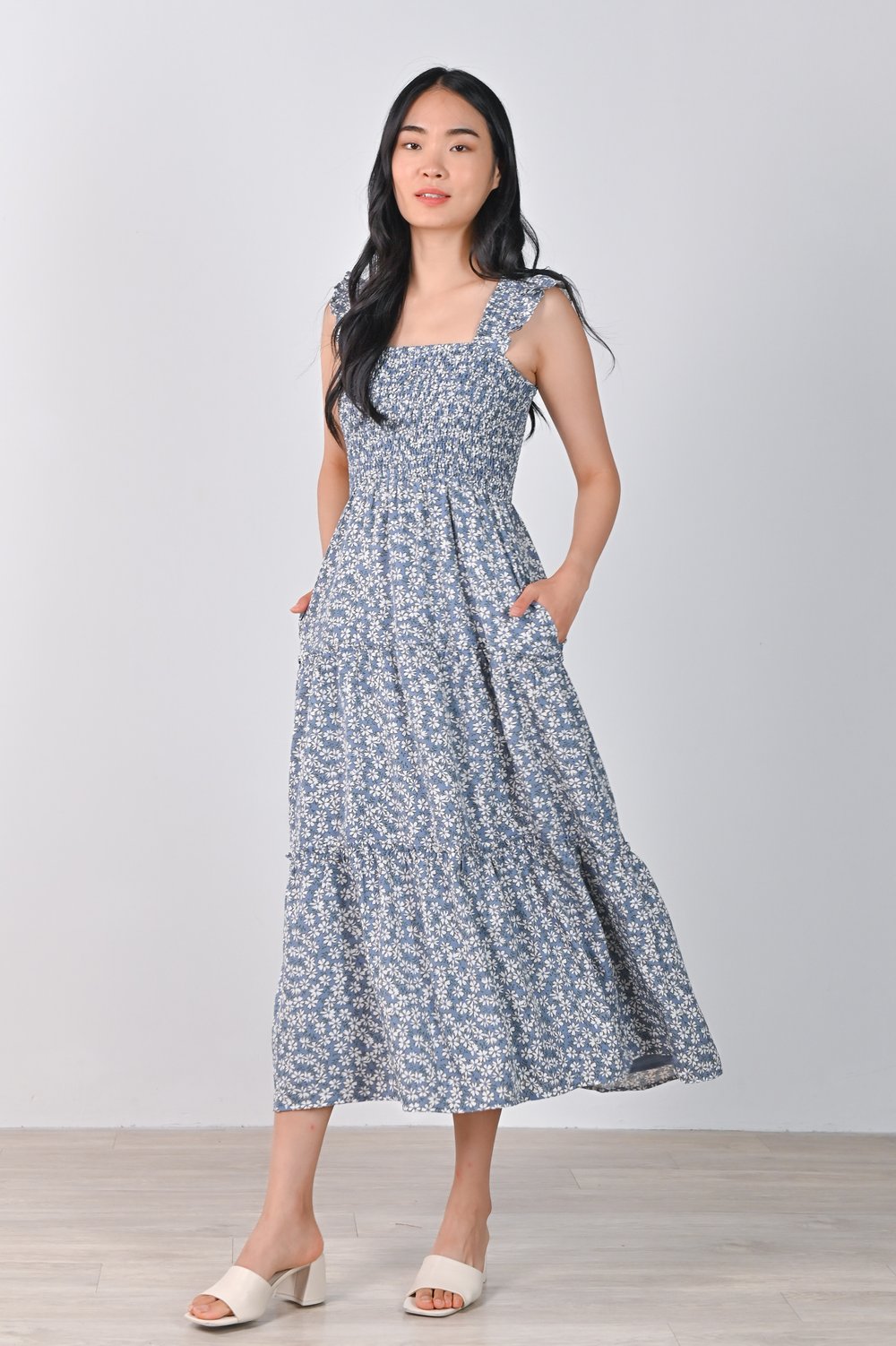 EILEEN FLORAL SMOCKED DRESS IN BLUE