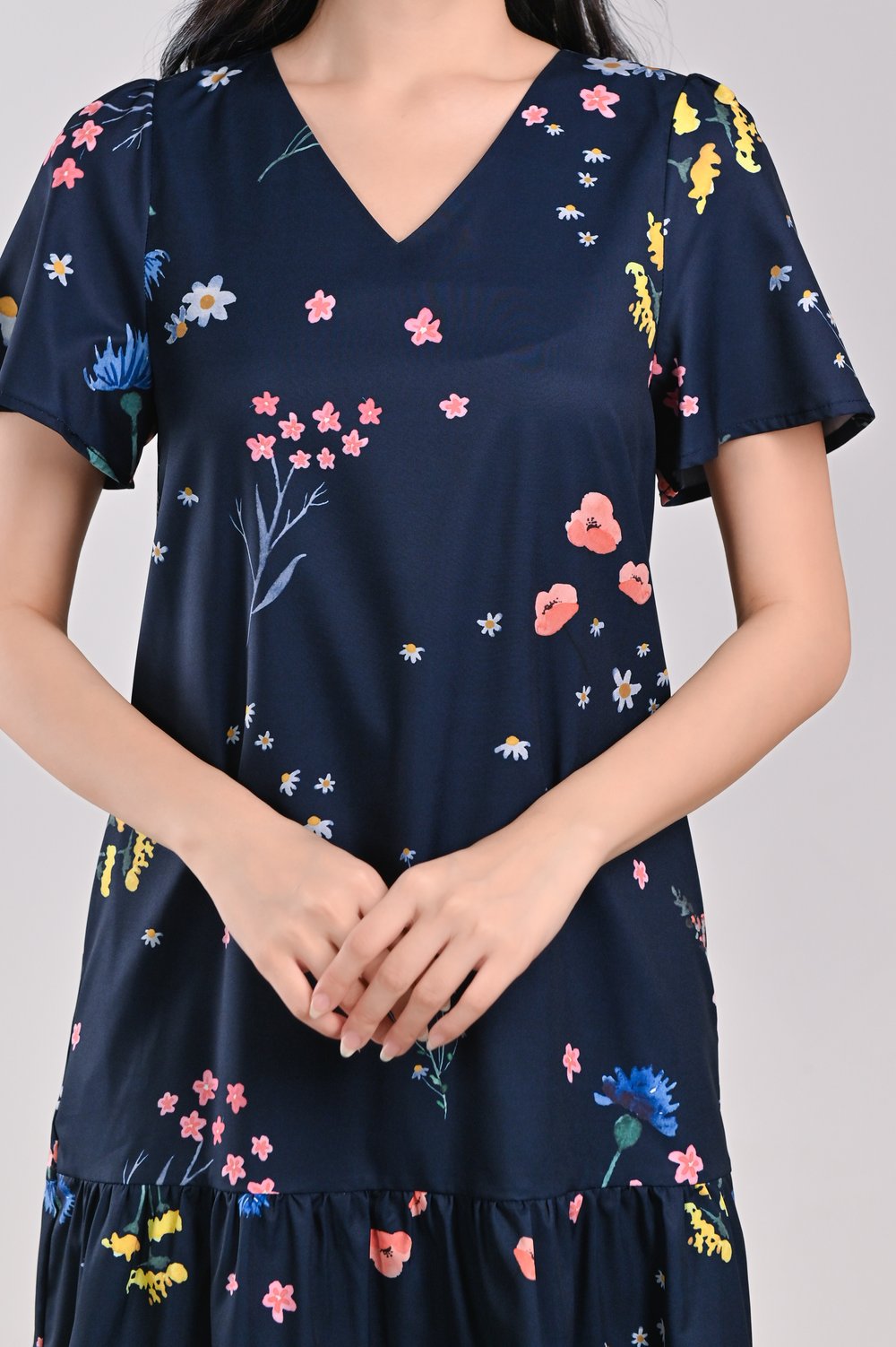 NAVY FRESH FLOWERS SLEEVED DROPWAIST DRESS