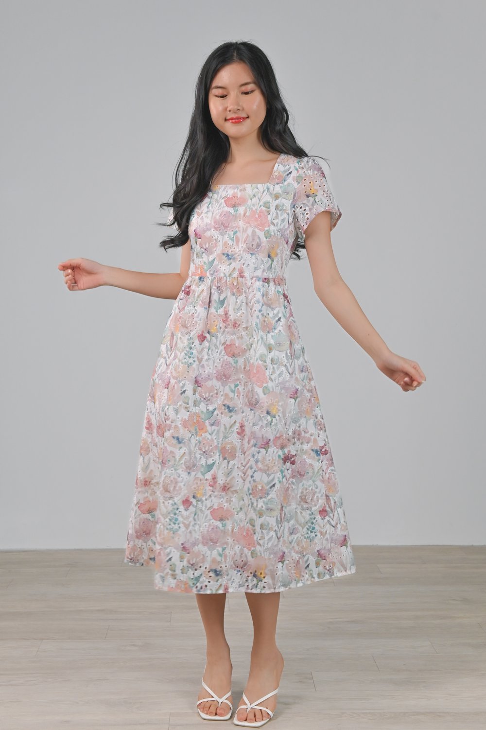 FIFI FLORAL EYELET SLEEVED MIDI DRESS FIFI FLORAL EYELET SLEEVED MIDI DRESS