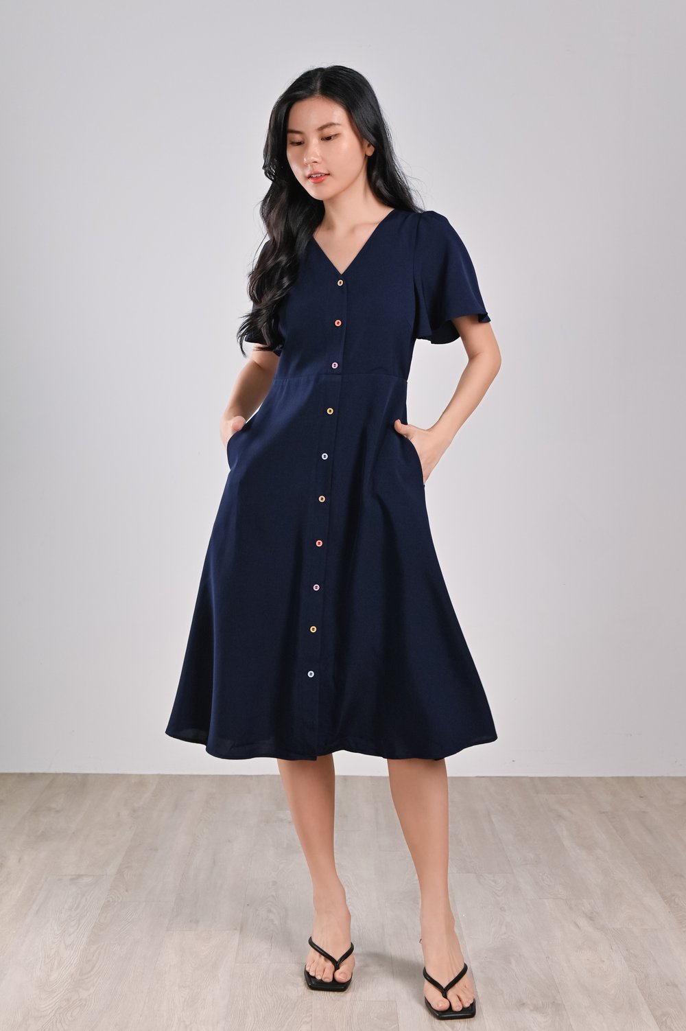 ADELLA NAVY V-NECK SLEEVED BUTTON DRESS ADELLA NAVY V-NECK SLEEVED BUTTON DRESS