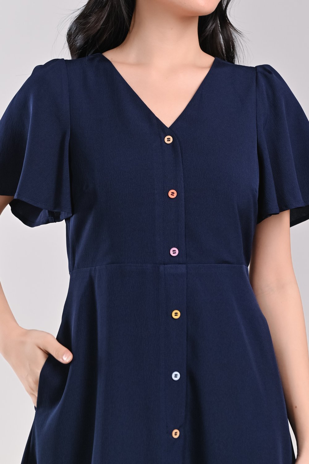 ADELLA NAVY V-NECK SLEEVED BUTTON DRESS ADELLA NAVY V-NECK SLEEVED BUTTON DRESS