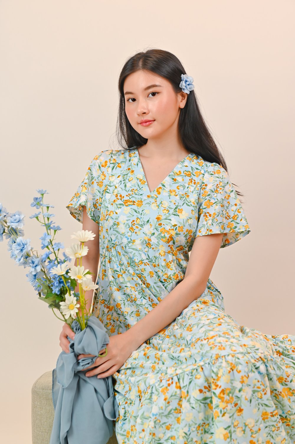 JOPLIN FLORAL SLEEVED TIERED MIDAXI IN BLUE JOPLIN FLORAL SLEEVED TIERED MIDAXI IN BLUE