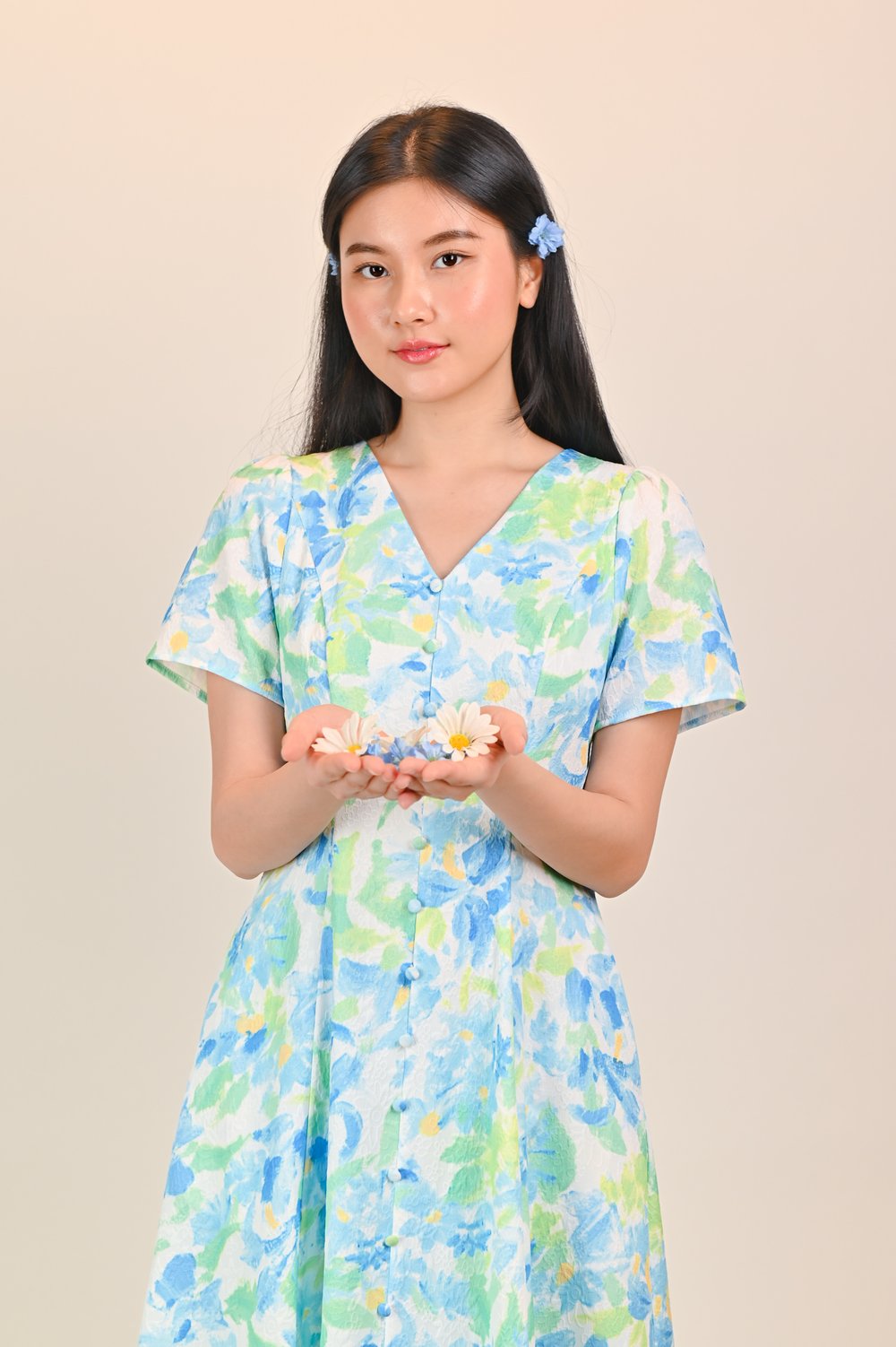 SINDY BLUE-GREEN SLEEVED BUTTON MIDI DRESS SINDY BLUE-GREEN SLEEVED BUTTON MIDI DRESS