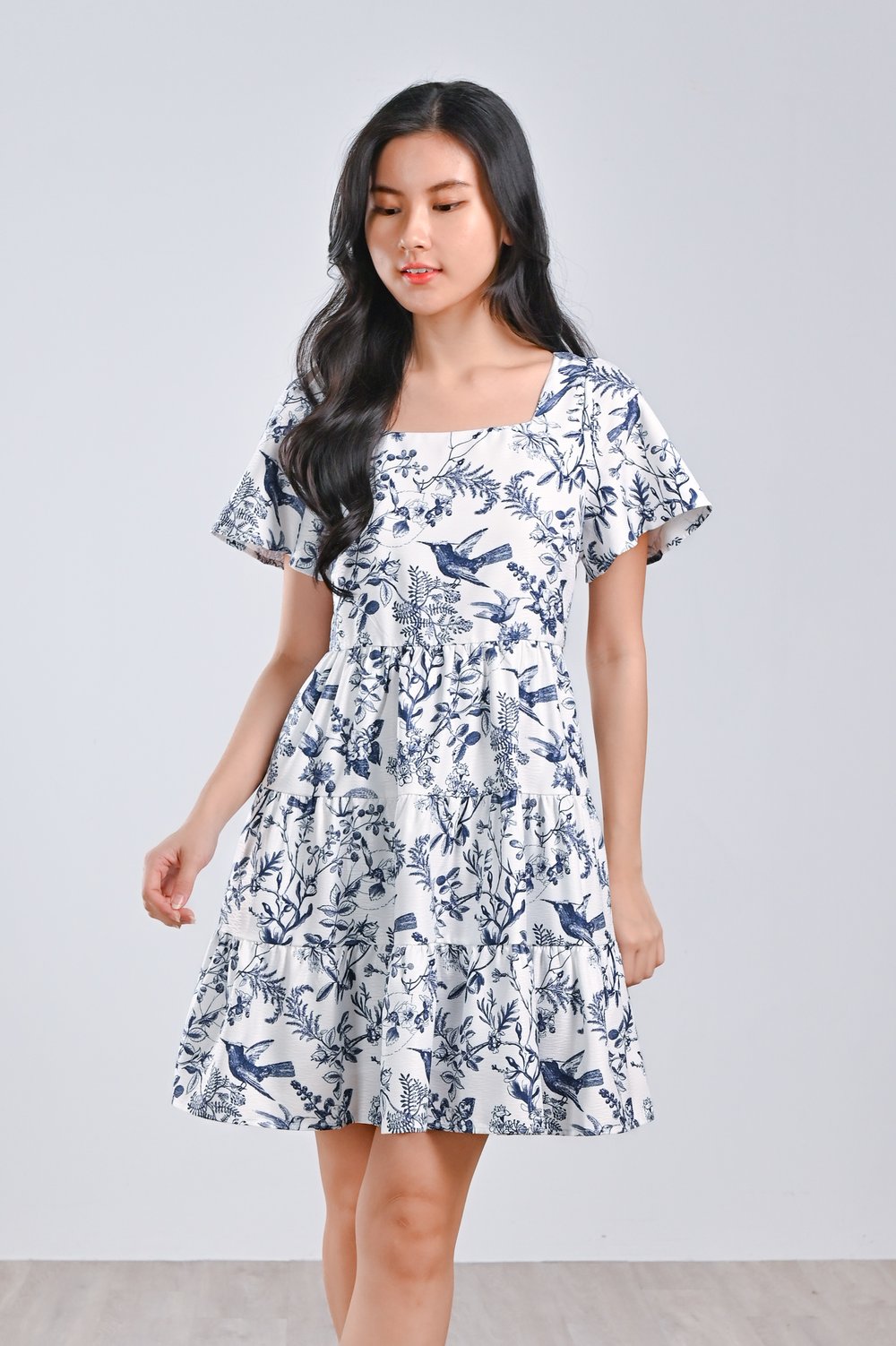 NAVY HUMMINGBIRD SQUARE-NECK BABYDOLL DRESS NAVY HUMMINGBIRD SQUARE-NECK BABYDOLL DRESS