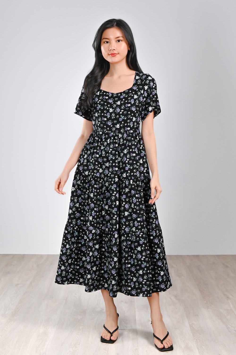 BALMIN BLACK FLORAL TIERED MIDAXI DRESS BALMIN BLACK FLORAL TIERED MIDAXI DRESS