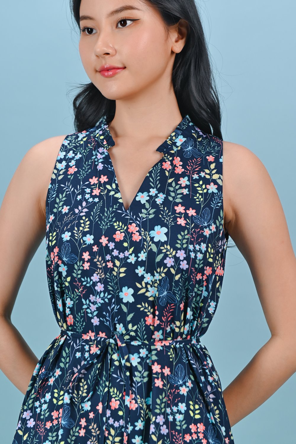 IVY LIT FLORAL FRILL-NECK SLEEVELESS DRESS IVY LIT FLORAL FRILL-NECK SLEEVELESS DRESS