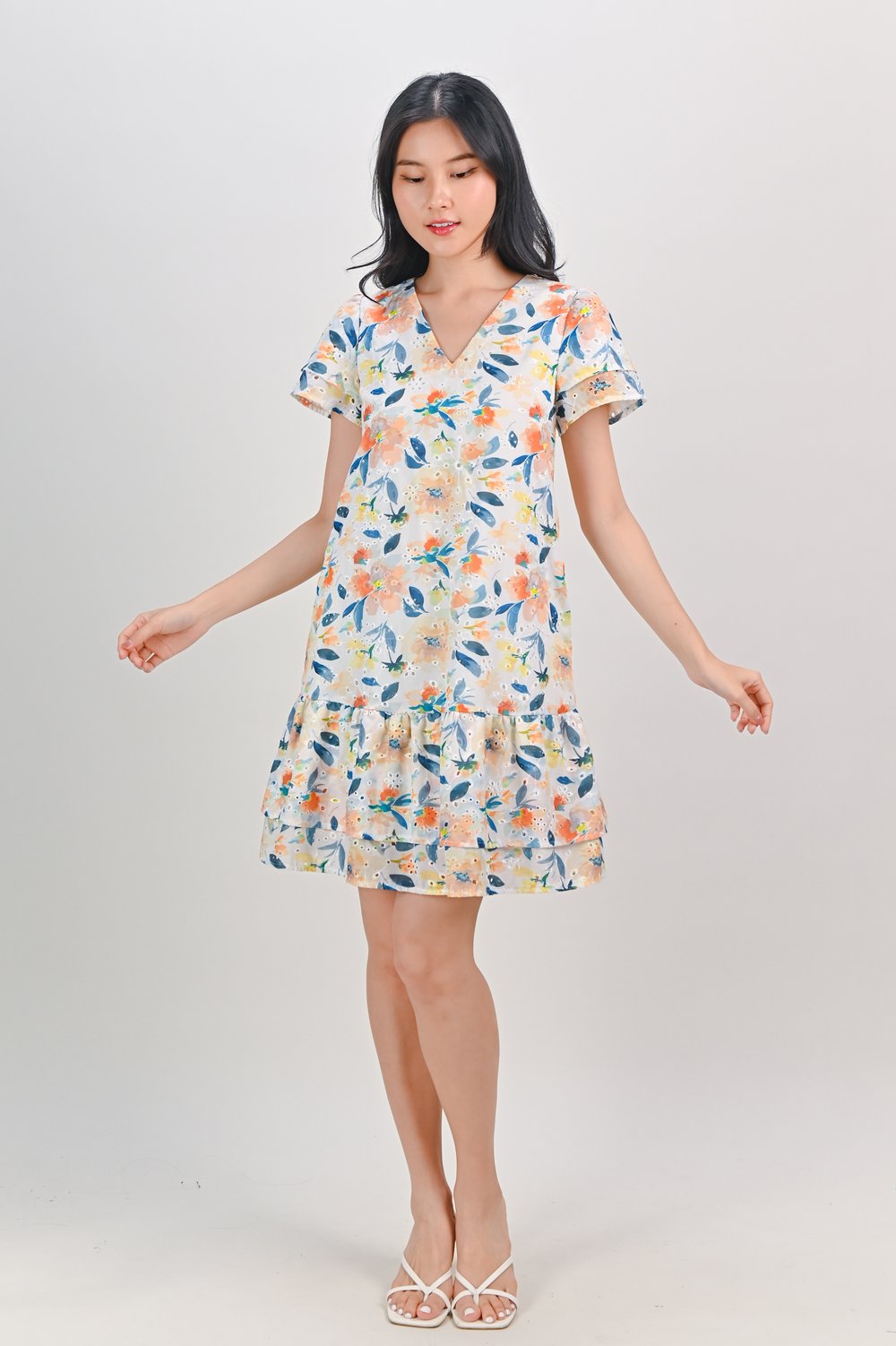SHELLEY EYELET FLORAL SLEEVED FLOUNCE DRESS SHELLEY EYELET FLORAL SLEEVED FLOUNCE DRESS
