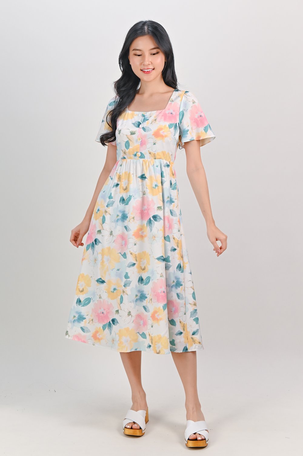ELODIE FLORAL SQUARE-NECK BUTTON SLEEVED DRESS ELODIE FLORAL SQUARE-NECK BUTTON SLEEVED DRESS