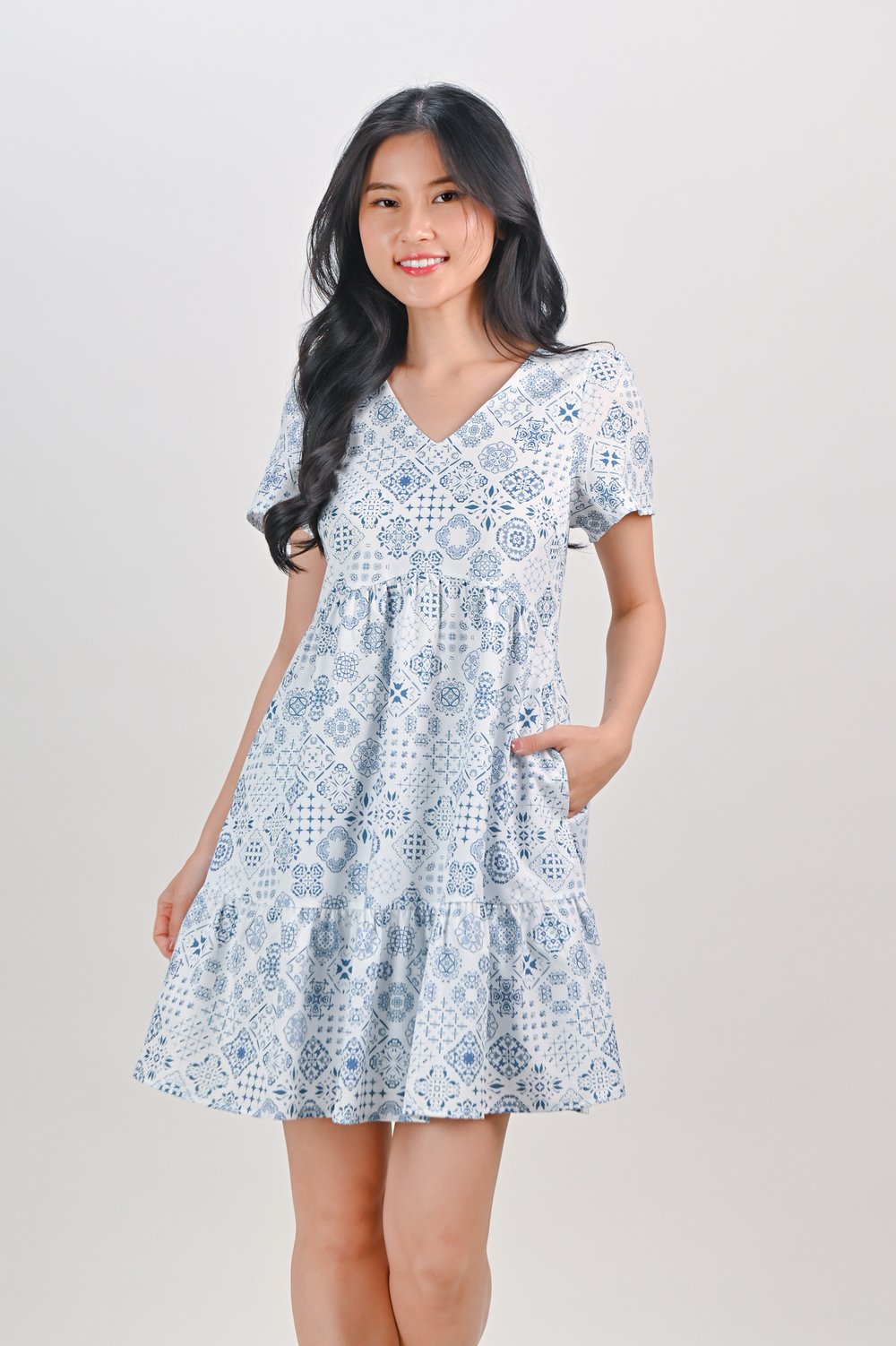 LISBON TILES CURVED-WAIST FLOUNCE DRESS