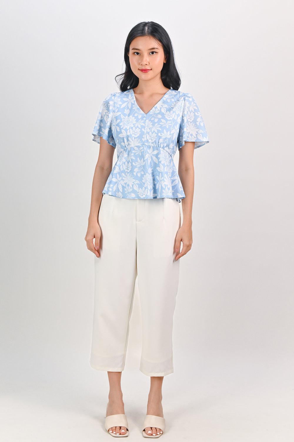 CAMY BLUE SLEEVED PEPLUM TOP CAMY BLUE SLEEVED PEPLUM TOP