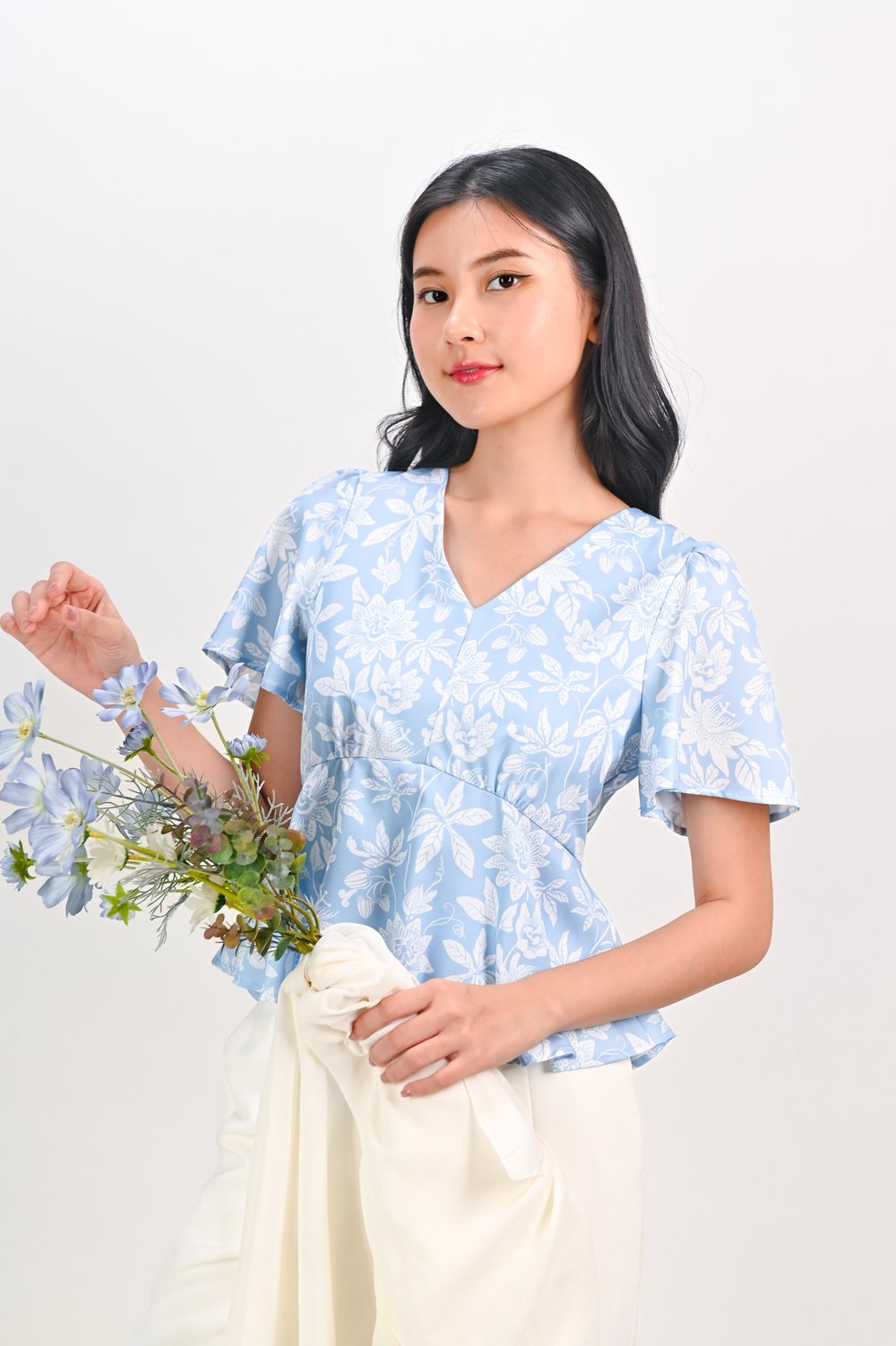 CAMY BLUE SLEEVED PEPLUM TOP CAMY BLUE SLEEVED PEPLUM TOP