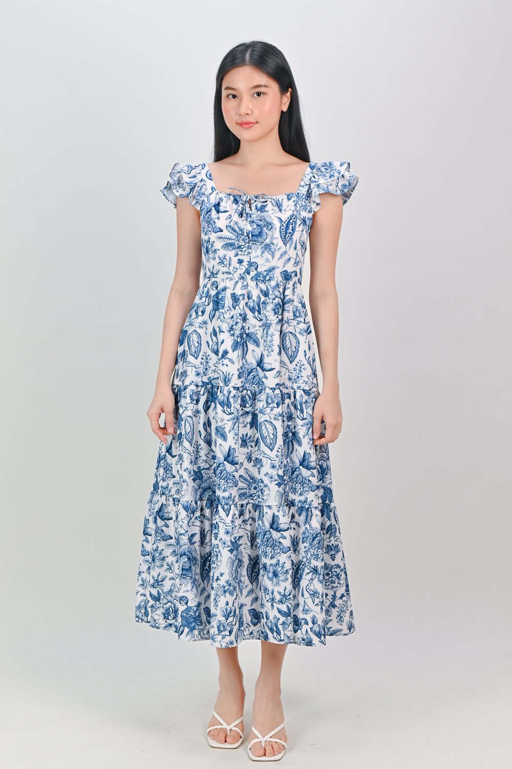 PORCELAIN BLOOMS RUFFLE TIE-DETAIL MAXI PORCELAIN BLOOMS RUFFLE TIE-DETAIL MAXI
