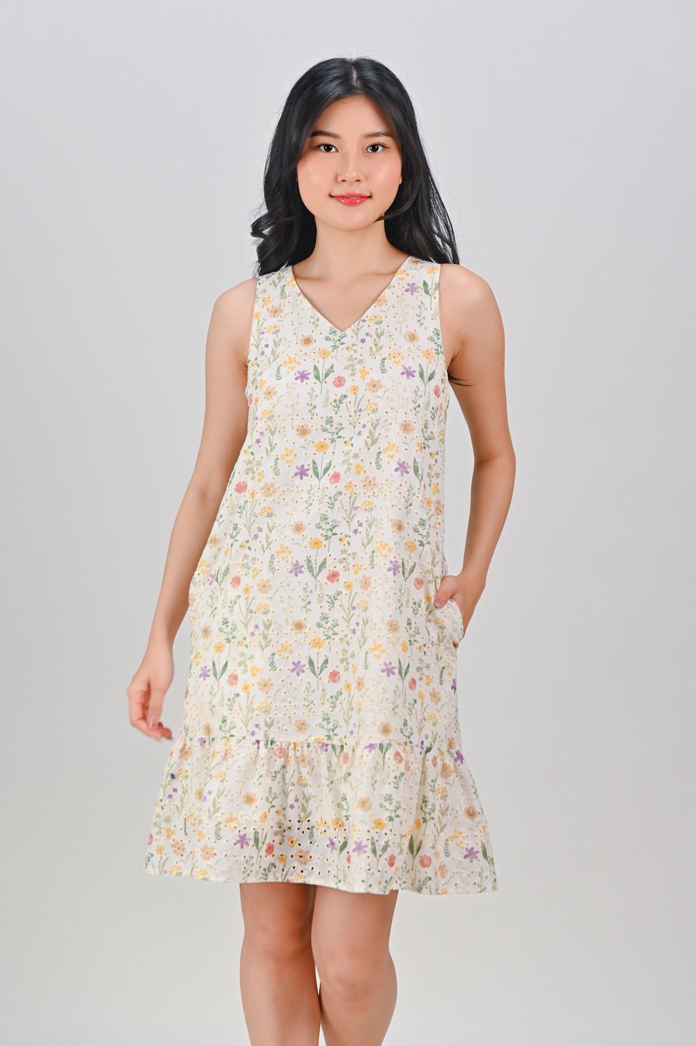 JENNY EYELET SLEEVELESS V-NECK DROPWAIST DRESS
