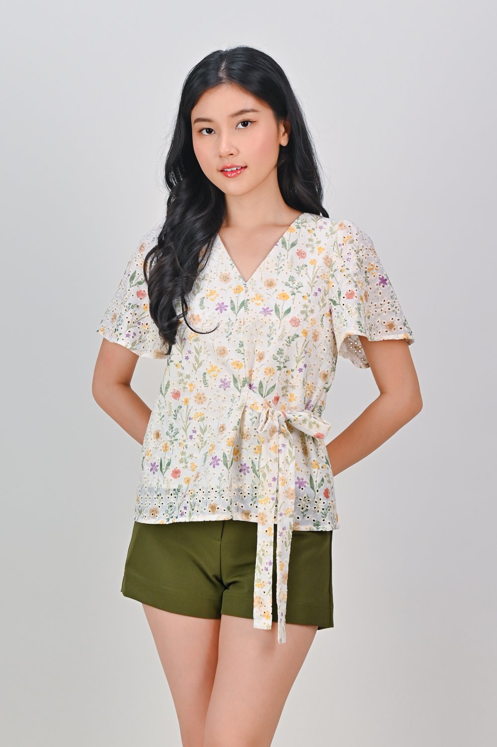 JENNY EYELET SLEEVED TIE-SASH TOP