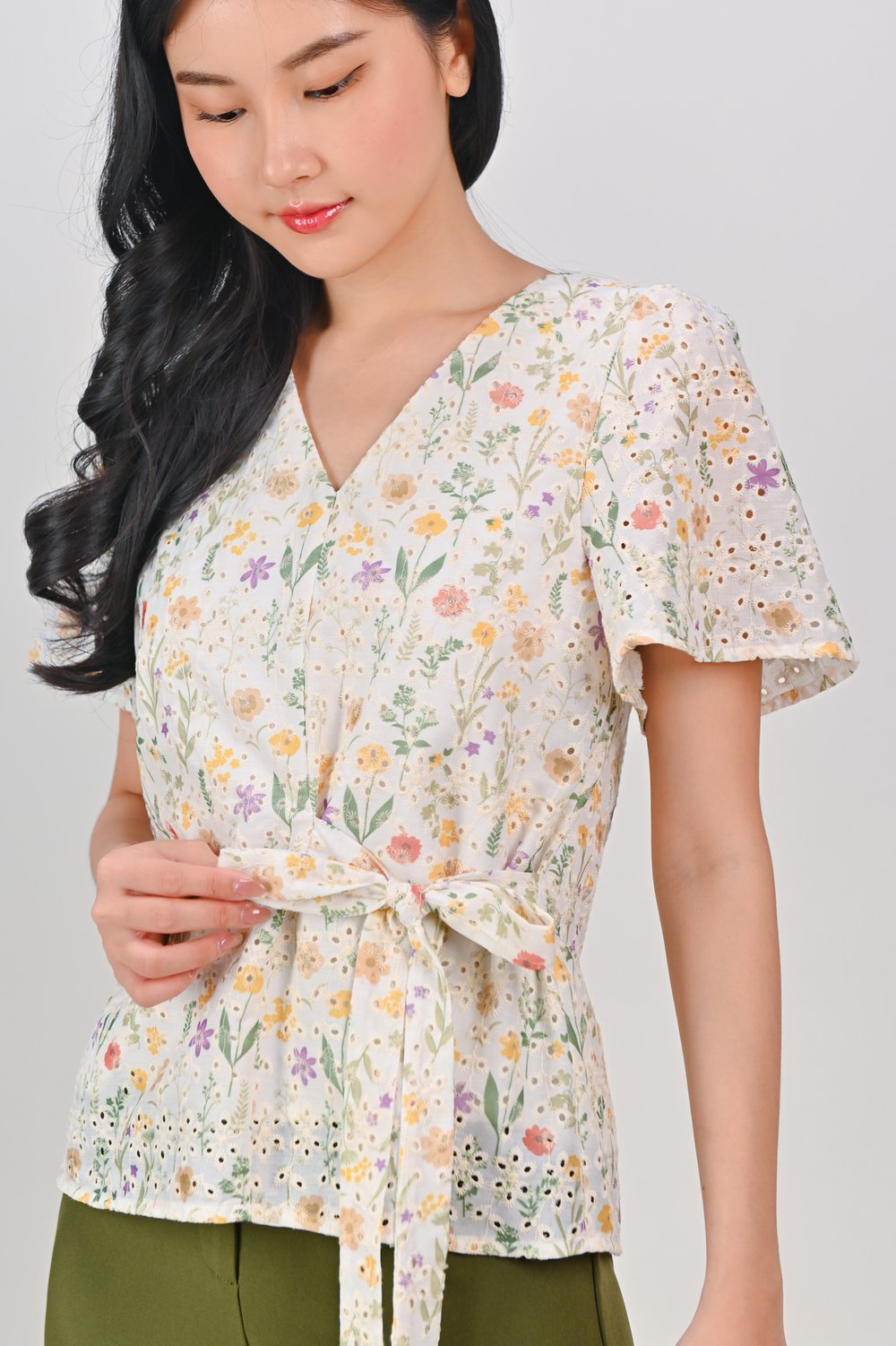 JENNY EYELET SLEEVED TIE-SASH TOP