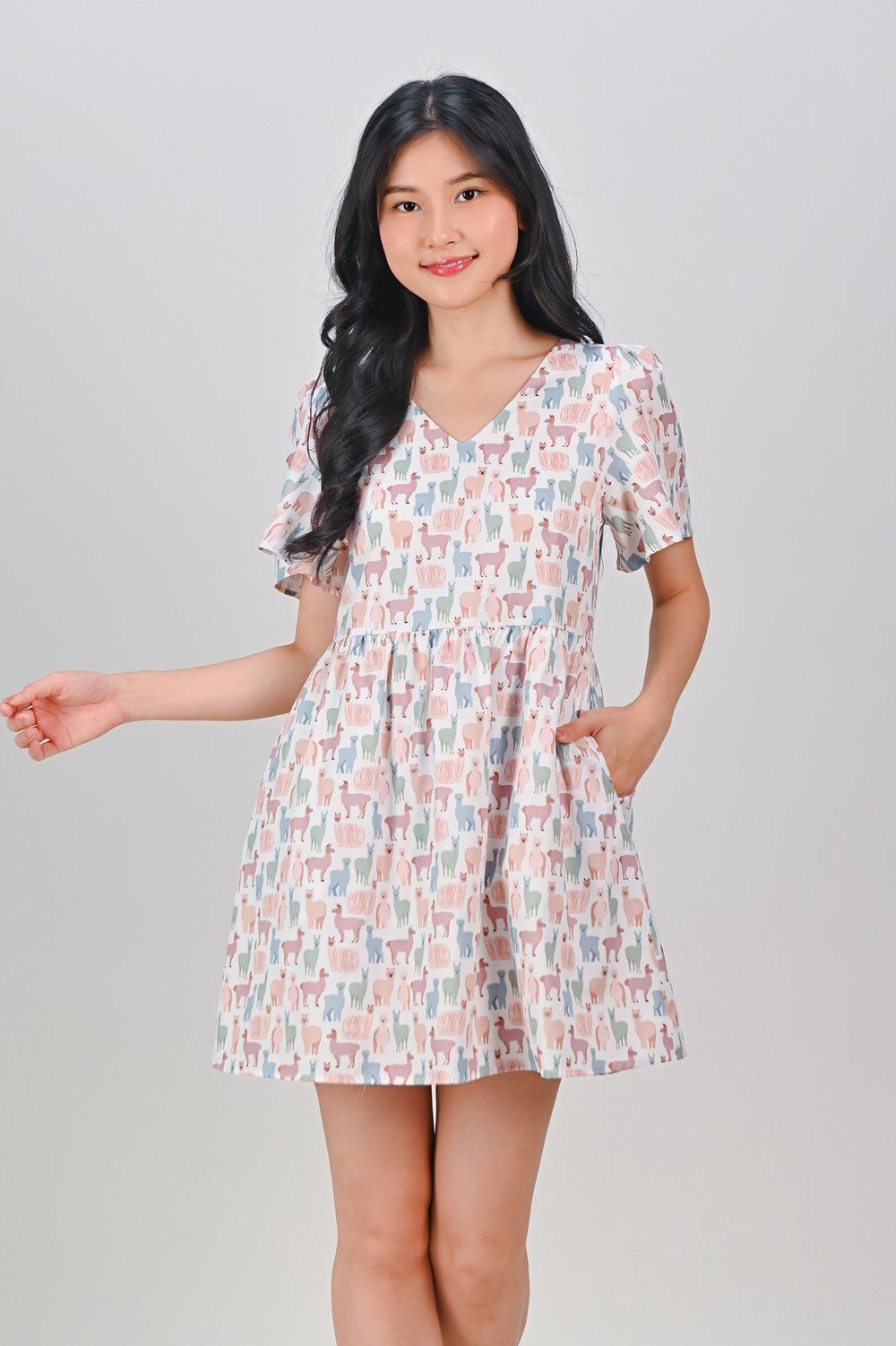 PASTEL LLAMA SLEEVED V-NECK DRESS-ROMPER PASTEL LLAMA SLEEVED V-NECK DRESS-ROMPER