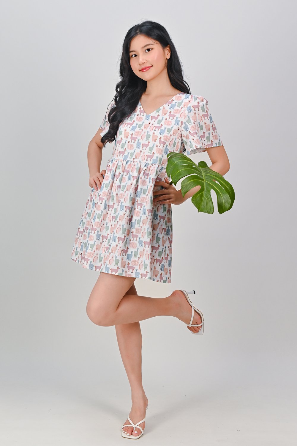 PASTEL LLAMA SLEEVED V-NECK DRESS-ROMPER PASTEL LLAMA SLEEVED V-NECK DRESS-ROMPER