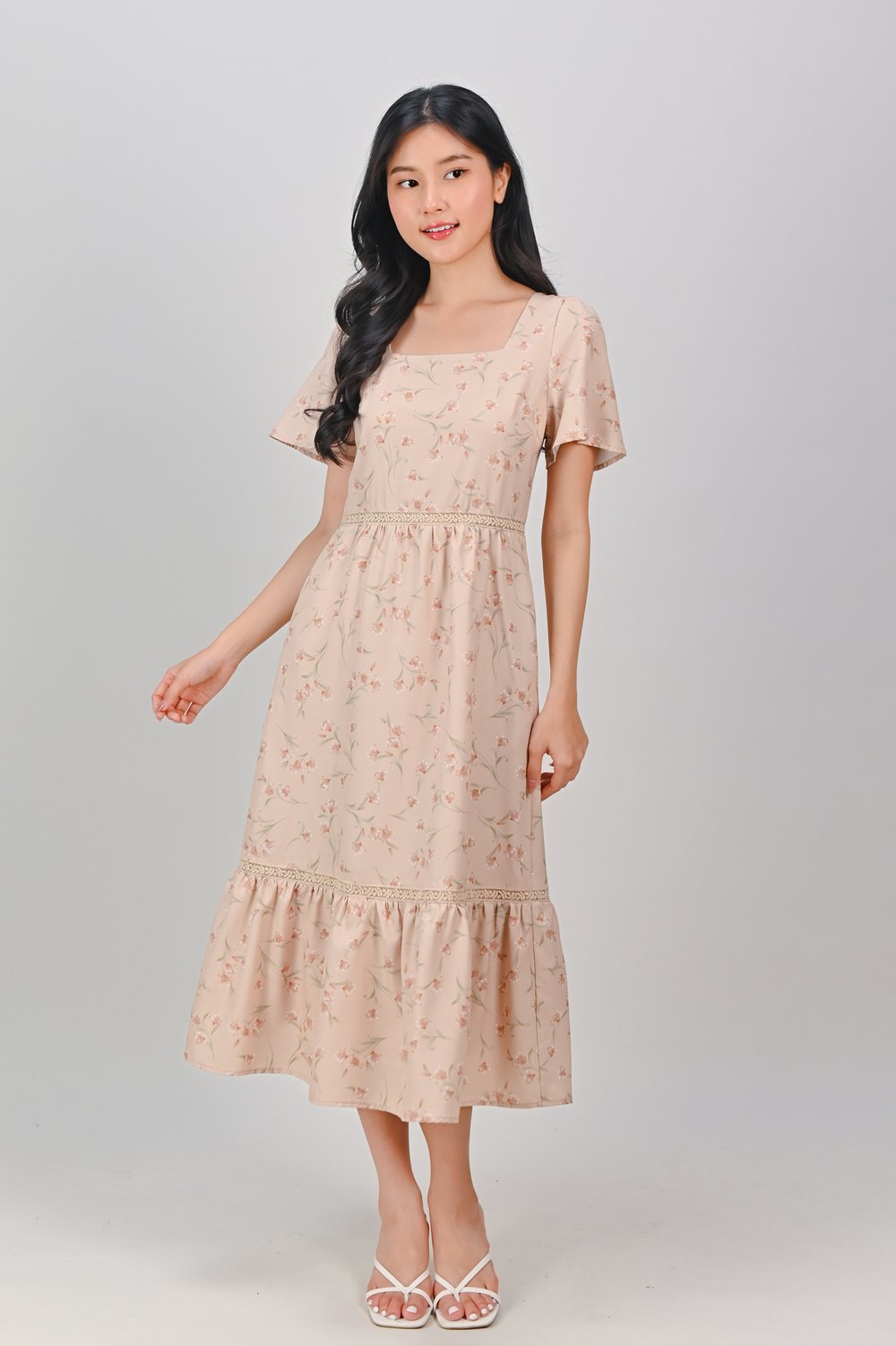 MITCHELL LATTICE-INSERT FLORAL DRESS IN NUDE MITCHELL LATTICE-INSERT FLORAL DRESS IN NUDE